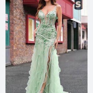 Mint Green Floral Prom Dress